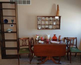 Duncan fife drop leaf dining table w/ liar chairs, hanging knick knack shelf, wood carved knome, Carnival glass goblet