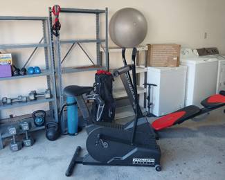 Vitamax exercise bike, Weider recline bench, hand weights, coolers, Thule 2 bike carrier, golf bag, Lomi composter, Frigidaire chest freezer, GE washer, Maytag, dryer