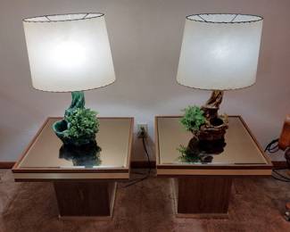 mirrored end tables, MCM “planter” lamps