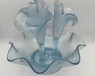 Fenton Velva Blue Iridescent Stretch Glass FourHorn Epergne Centerpiece