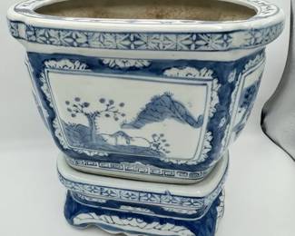 Vintage Chinese Blue and White Porcelain Bonsai Planter with Matching Plinth