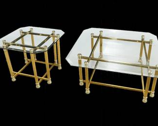 Hollywood Regency Brass  Glass coffee Table With Side Table