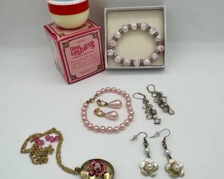 Pearl Earrings Bracelet And Costume Jewelry With Avon Cream Satchet
