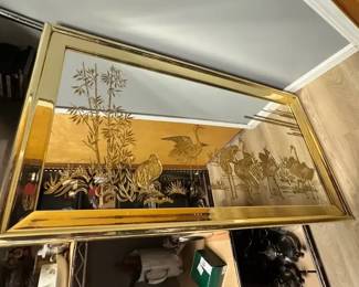 Hollywood Regency Brass Mirror With Reverse Eglomise Etched Crane
