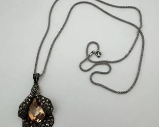 925 Silver Necklace  925 Silver with Marcasite  Cognac Glass Pendant