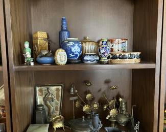 Brass items, folk art, Chinese Cloisonné vases,  Japanese porcelain, and more