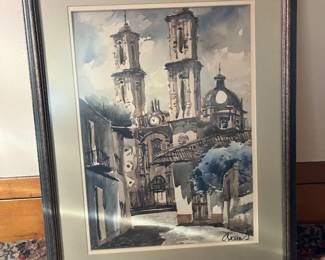 Framed watercolor paining of Mexican church