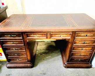 Vintage Hekman Usa Twin Pedestal Desk, Leather Top, Brass Hardware