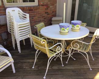 Vintage Patio Table  w/4 Scroll Iron Chairs - Plastic Stacking Chairs