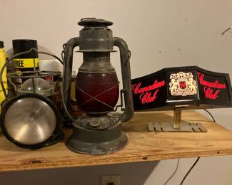 Signal Corps US Army lantern, Dietz Little Wizard lantern w red globe, Canadian Club beer light