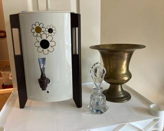 Vintage coffee percolator, glass perfume bottle , solid brass vase