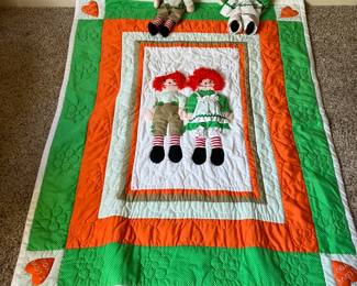 Raggedy Ann and Andy quilt with matching raggedy Ann and raggedy Andy dolls