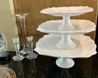 Mikasa crystal candlesticks, 3 porcelain dessert pedestals