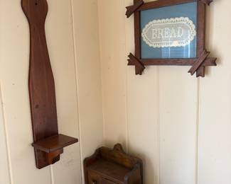 loads of vintage and antique wooden boxes, shelves, knife boxes and decor