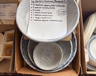 21 piece set of stoneware by Western Stoneware, blue sponge wear