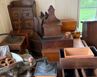 loads of vintage and antique wooden boxes, shelves, knife boxes and decor
