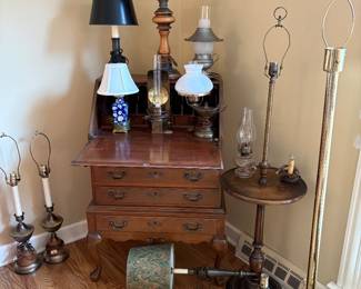 charming little secretary desk and vintage lamps