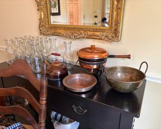 antique and vintage copper and a nice black buffet/sideboard