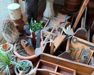 loads of vintage and antique wooden boxes, shelves, knife boxes and decor