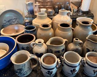 antique and vintage blue and white crocks from Rowe, Maple City, and more