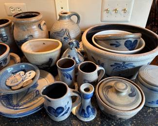 antique and vintage blue and white crocks from Rowe, Maple City, and more