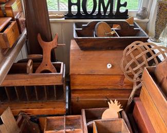 loads of vintage and antique wooden boxes, shelves, knife boxes and decor