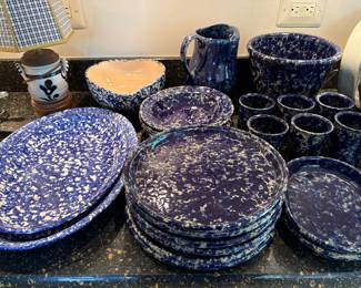 1960s Bennington Pottery blue agate dishes, bowls and mugs