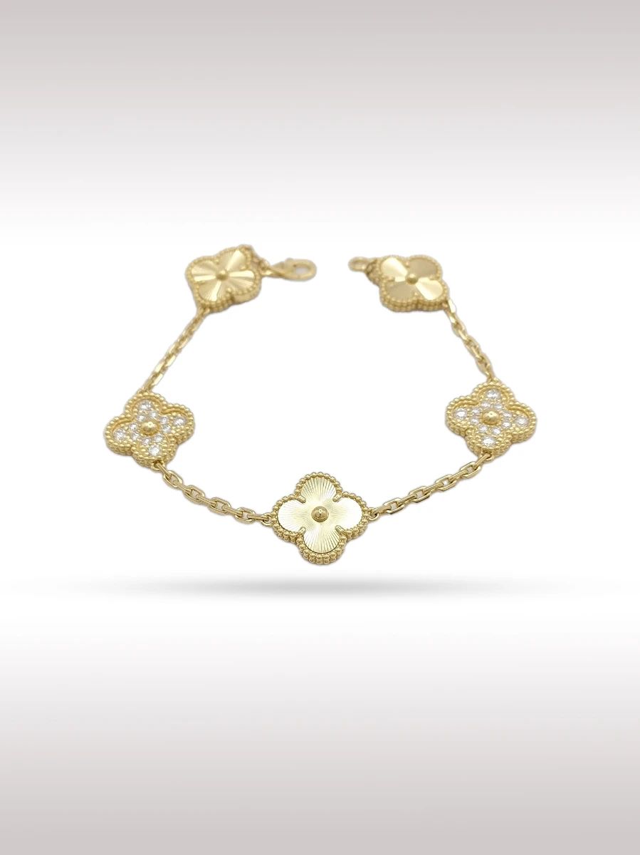 Van Cleef Arpels Vintage Alhambra Guilloche Diamond Alternating 5 Motif 18K Gold Bracelet