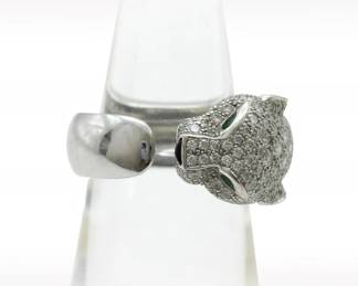 Cartier Panthere Diamond Pave Emerald Onyx 18K White Gold Ring