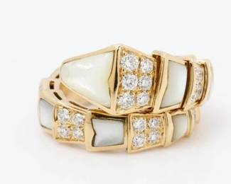 Bulgari Bvlgari Serpenti Diamond & White Mother of Pearl Viper 18K Rose Gold Ring
