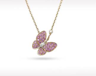 Van Cleef Arpels Two Butterfly Pink Sapphire Diamond Pave 18K Gold Pendant Necklace