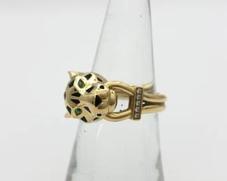 Cartier Panthere Diamond Emerald Black Lacquer 18K Yellow Gold Vintage Ring