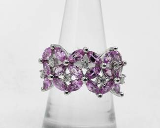 Pink Sapphire Diamond Floral 18K White Gold Ring
