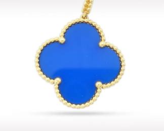 Van Cleef Arpels Magic Alhambra Blue Agate Long Chain 18K Yellow Gold Pendant Necklace