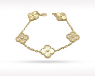 Van Cleef Arpels Vintage Alhambra Guilloche Diamond Alternating 5 Motif 18K Gold Bracelet