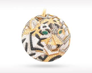 Cartier Panther Tiger Unique Fancy Diamond Pave & Black Onyx 18K Gold Medallion Pendant