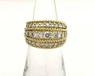 Vintage Multi Row Diamond 18K Yellow Gold Rope Design Band Ring