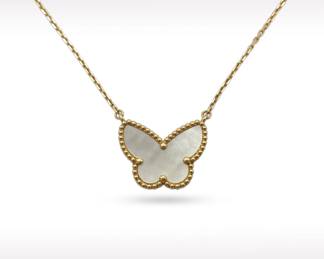 Van Cleef Arpels Lucky Alhambra Butterfly Mother of Pearl 18K Yellow Gold Pendant Necklace