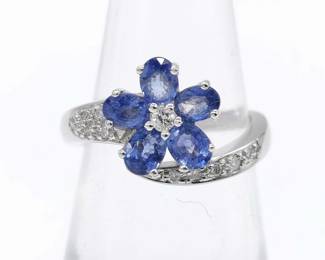 Sapphire Diamond Flower 18K White Gold Ring