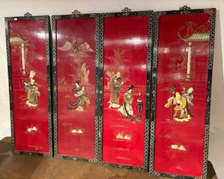 Set of 4 Chinese Red Lacquered Panels