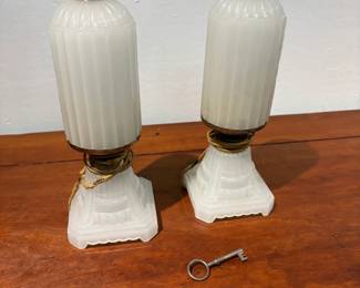 Pair of 1930s Houze Glass Deco White "Skyscraper" Lamps
