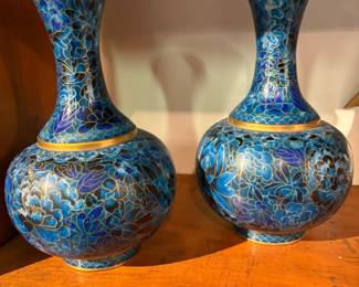 Pair of Chinoiseire Blue Gold Floral Cloisonne