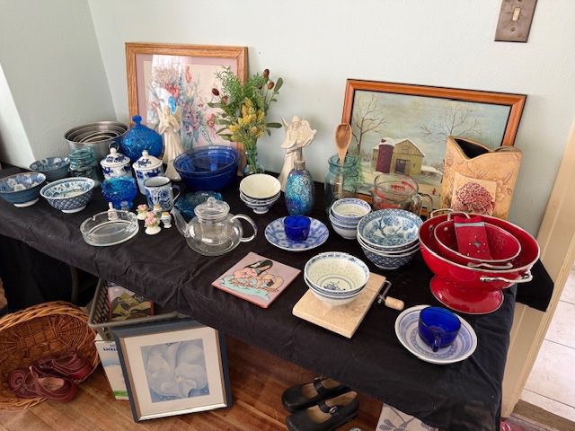 Vintage pictures, paintings, vintage blue glass, oriental dishes, red metal bowls, stainless mixing bowls