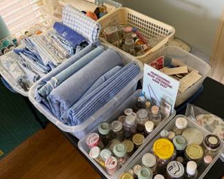 Beads in jars, fabric, buttons, thread 