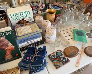 yarn, vintage glass, books