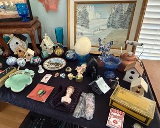 Vintage items, ostrich egg, copper tea pot, wood birdhouses, pottery, glass ball