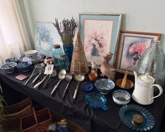Oriental bowls, pictures, large glass vase, porcelain pitcher, wood items, vintage blue glass, kitchen utensils