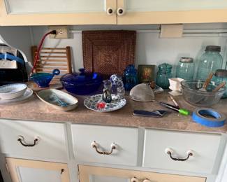 Plates, vintage mason jars, kitchen utensils