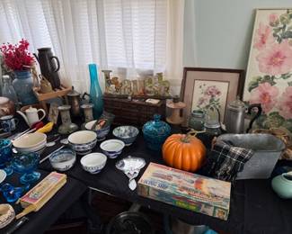 Small boxes with drawers, pitchers, oriental bowls, vintage viking ship, mirror