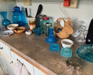 Vintage blue glass, bowls, candle holders, oil/vinegar glass